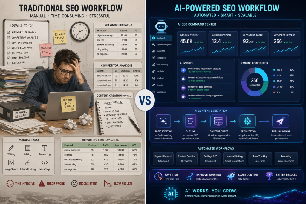 Comparison between traditional SEO and AI-powered SEO workflows