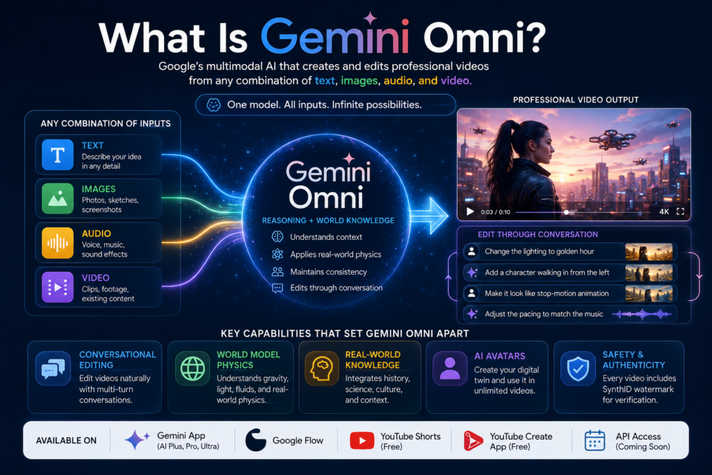 Futuristic infographic explaining Gemini Omni, Google’s multimodal AI video model, showing how text, images, audio, and video inputs are transformed into professional AI-generated videos with conversational editing, physics-aware rendering, AI avatars, and YouTube integration.