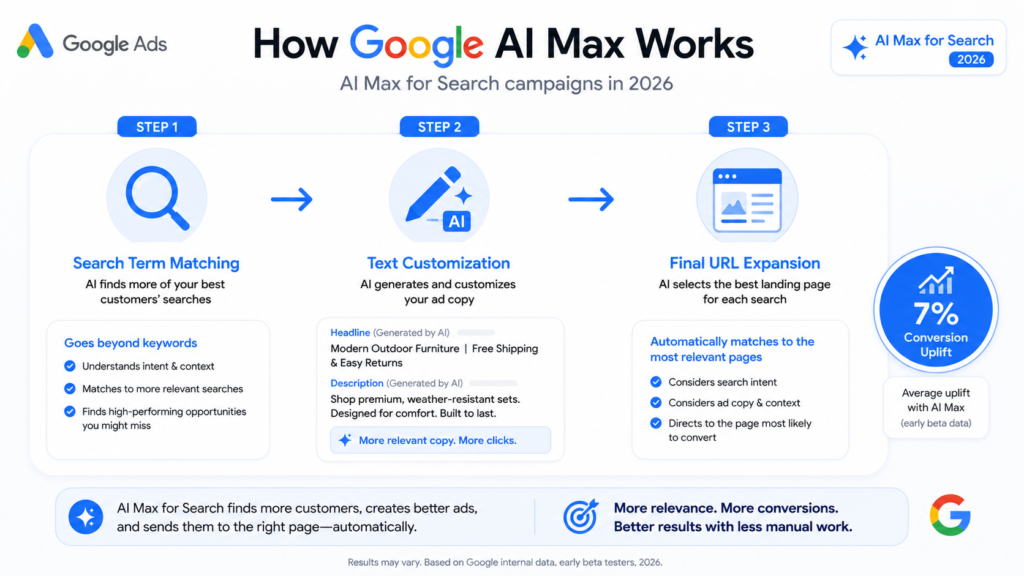 Google Ads migration timeline infographic outlining important AI Max rollout milestones from April to September 2026, including upgrade launches, GML announcements, API v20 shutdown, and automatic campaign migration deadlines.