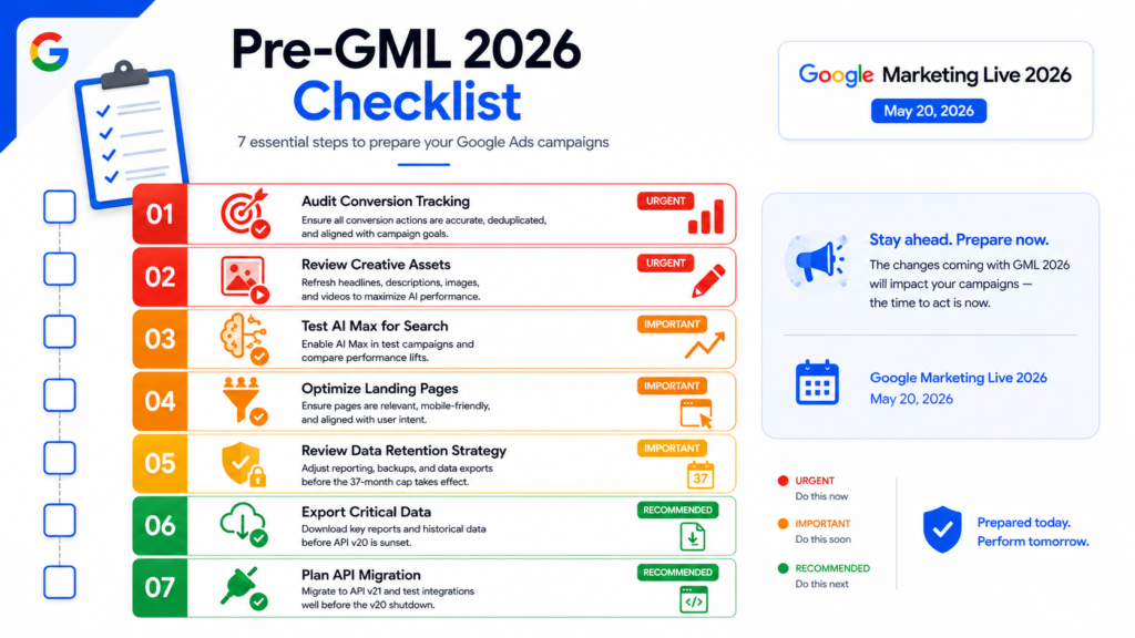 Vertical checklist infographic featuring seven preparation steps for Google Marketing Live 2026, covering conversion tracking audits, creative asset reviews, AI Max testing, data retention planning, exports, and API migration readiness.