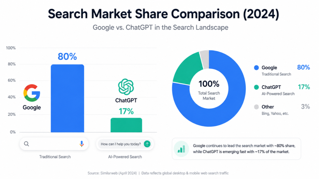 Google vs ChatGPT search market share comparison chart showing Google at 80% and ChatGPT at 17% in 2026