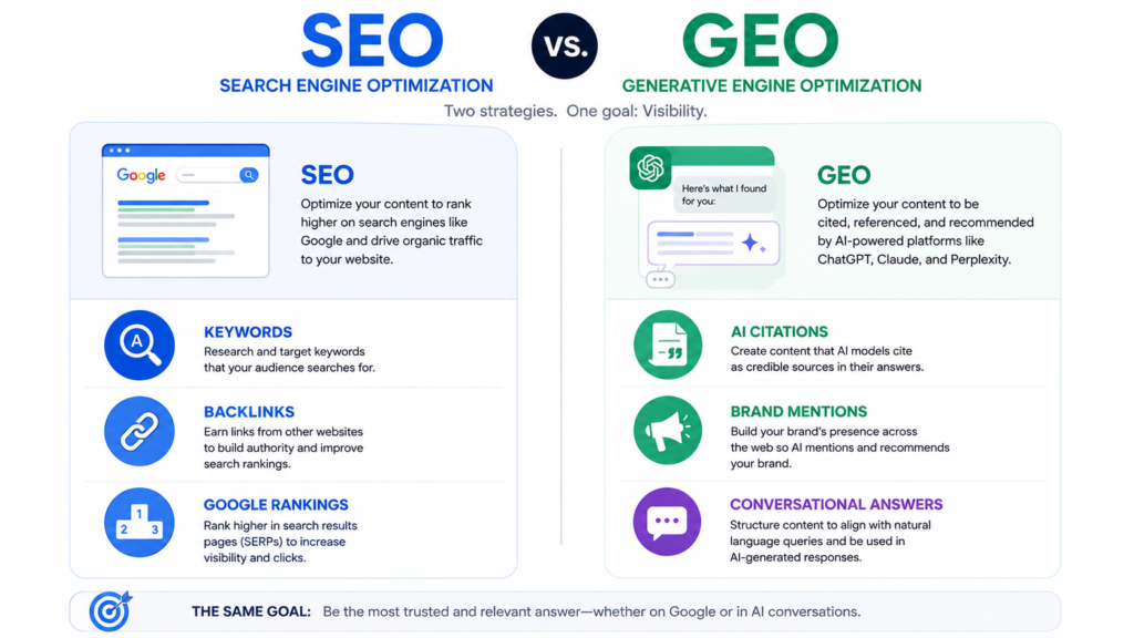 SEO vs GEO comparison infographic — traditional search engine optimization versus generative engine optimization for AI search