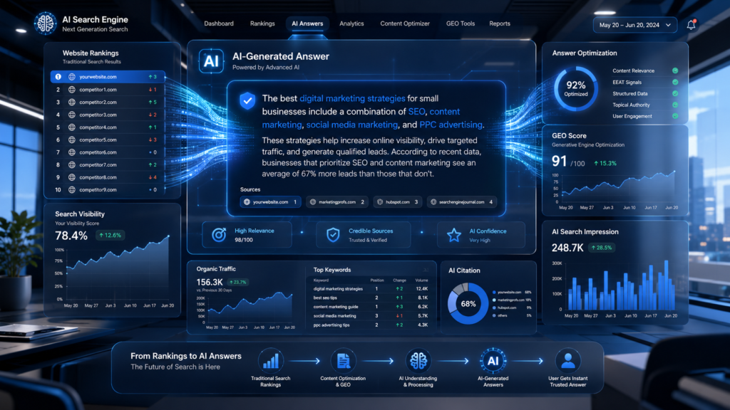 AI SEO 2026 concept showing AI-powered search results and website optimization dashboard