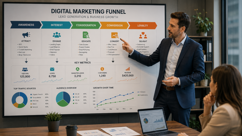 Marketing funnel showing how businesses get more clients and convert clients
